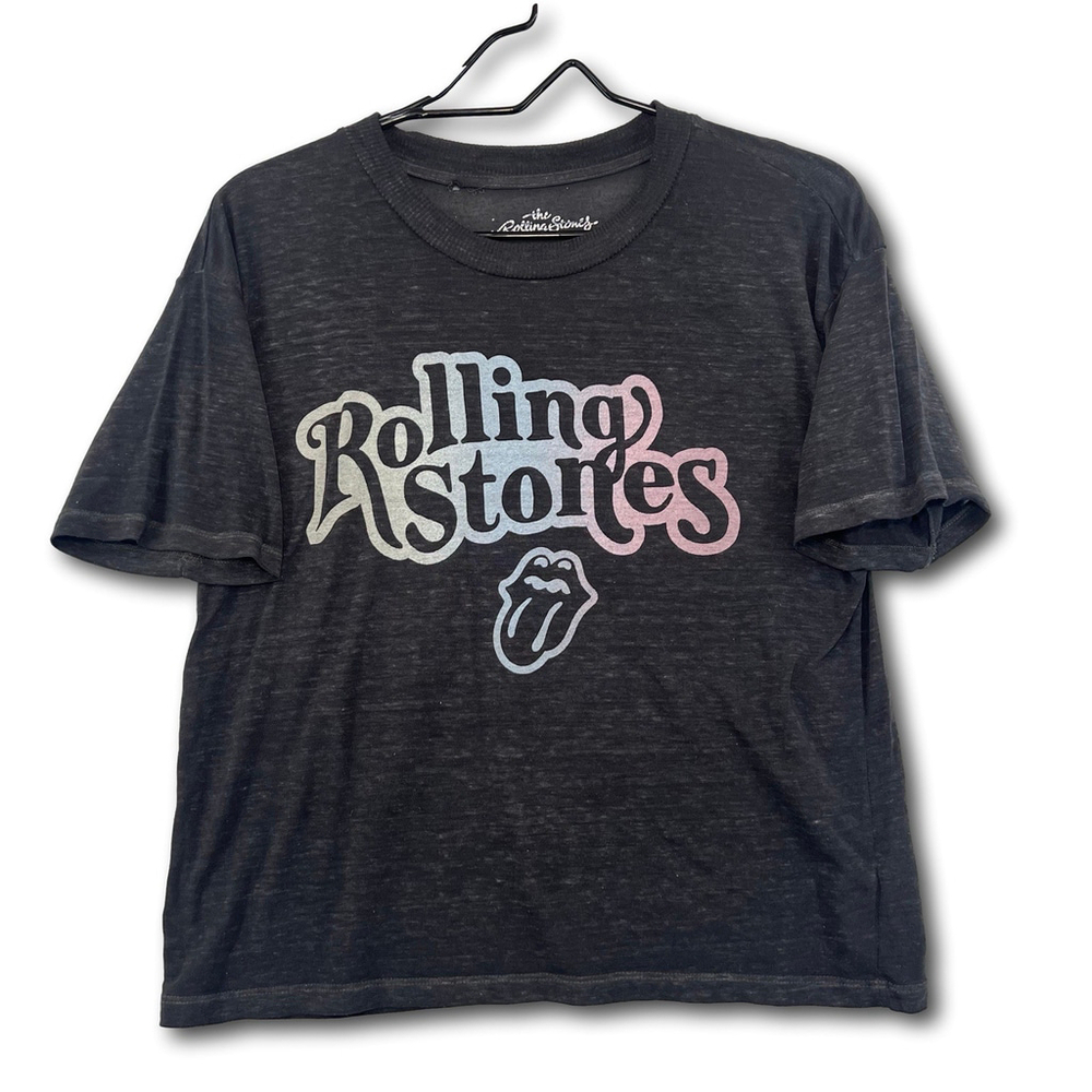 American Eagle The Rolling Stones Logo Sheer Polyester T-Shirt Black Womans SM